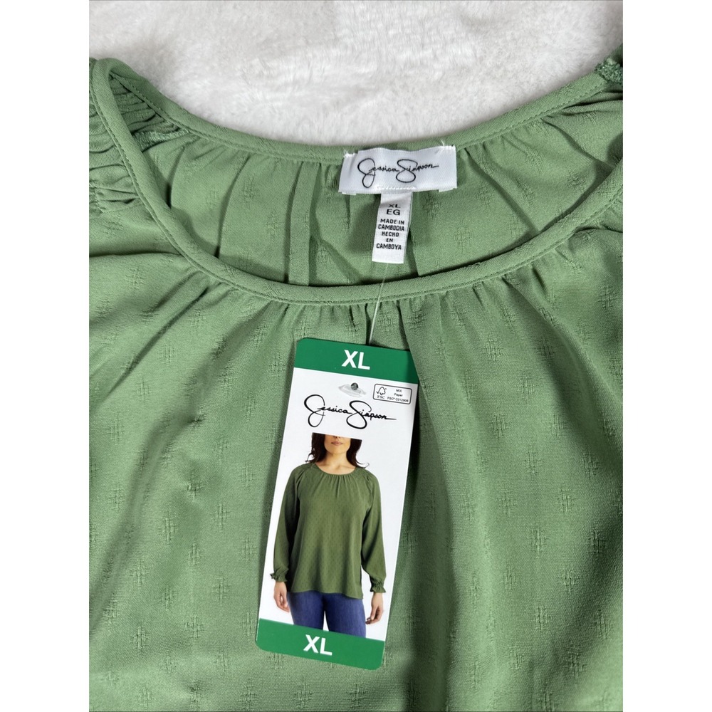 Jessica Simpson Womens XL Green Smocked Shoulder Textured Long Sleeve Blouse NWT - Picture 2 of 8